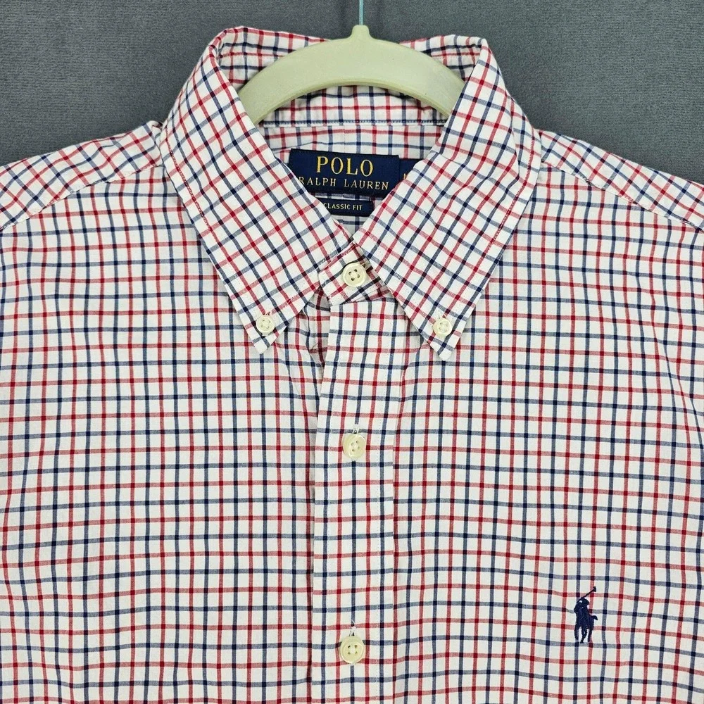 Polo Ralph Lauren Shirt Mens Medium White Red Blue Check Button Down Long Sleeve
